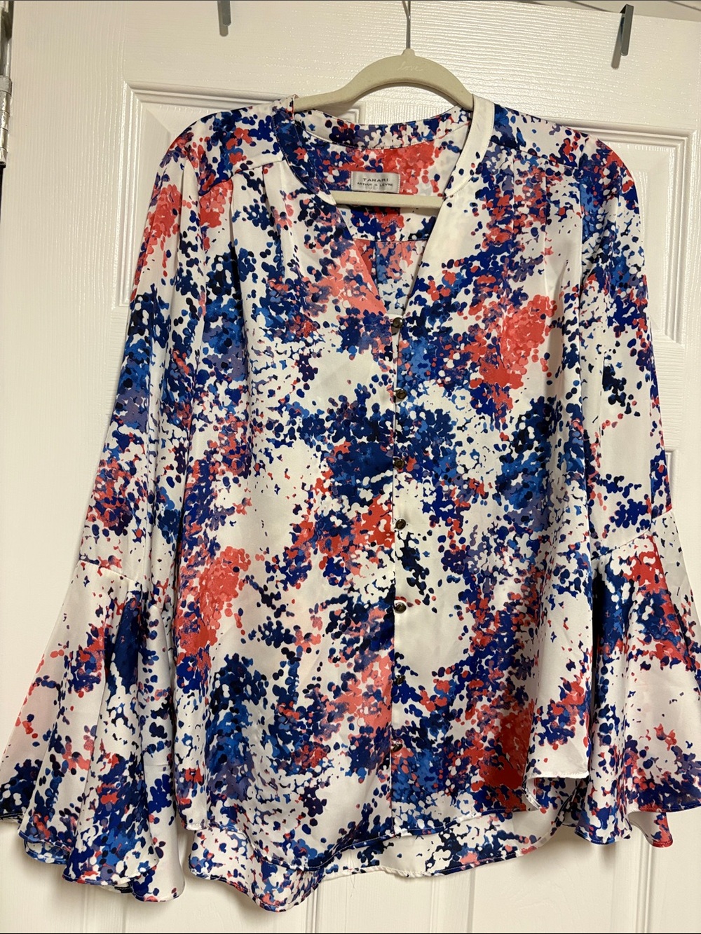 Tahari White Blouse with Blue and Coral Abstract Print